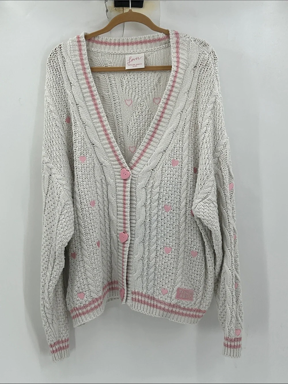 Taylor Swift Lover Cardigan Cream Pink Heart Cable Knit Sweater Size XL/2XL